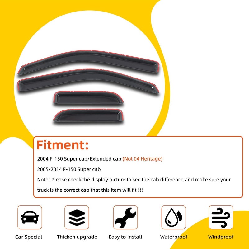 PLDDE Window Visor Rain Guards Compatible with 2004-2014 Ford F-150 SuperCab/Extended Cab Window Wind Deflectors Vent Visors Shades for Truck Accessories Tape-On(No-Drill) 4pcs - Image 2